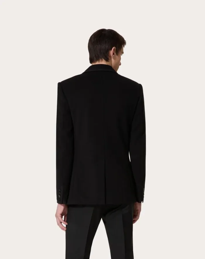 Valentino Coats And Blazers Man Doublebreasted Cotton Jersey Jacket With Vlogo Signature Patch For Man In Black Black Valentino Coats And Blazers Man Doublebreasted Cotton Jersey Jacket With Vlogo Signature Patch For Man In Black Black