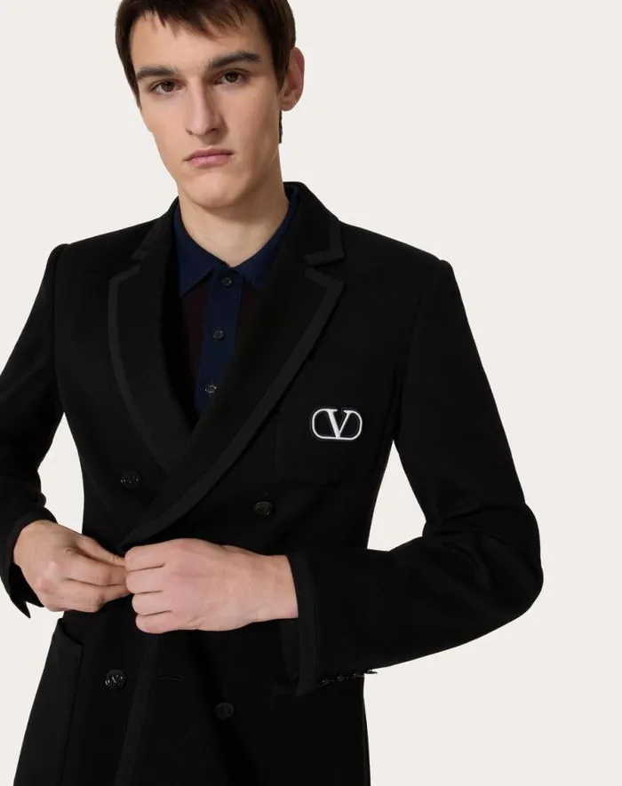 Valentino Coats And Blazers Man Doublebreasted Cotton Jersey Jacket With Vlogo Signature Patch For Man In Black Black Valentino Coats And Blazers Man Doublebreasted Cotton Jersey Jacket With Vlogo Signature Patch For Man In Black Black