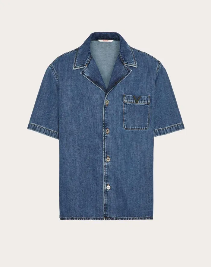 Valentino Denim Man Denim Bowling Shirt With Metallic V Detail For Man In Denim Denim