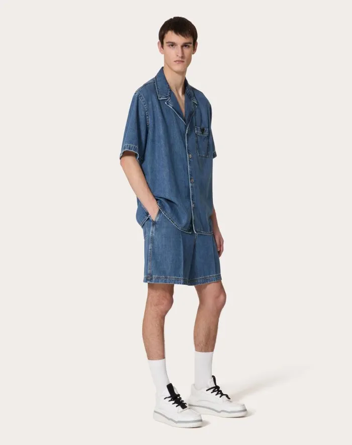 Valentino Denim Man Denim Bowling Shirt With Metallic V Detail For Man In Denim Denim Valentino Denim Man Denim Bowling Shirt With Metallic V Detail For Man In Denim Denim