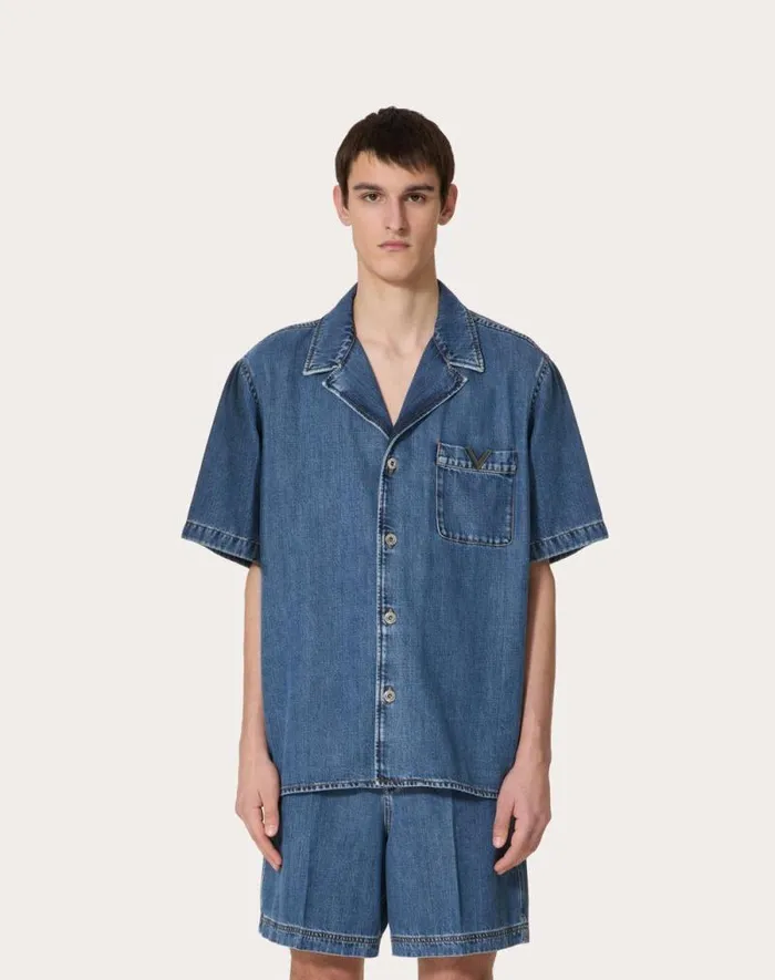 Valentino Denim Man Denim Bowling Shirt With Metallic V Detail For Man In Denim Denim Valentino Denim Man Denim Bowling Shirt With Metallic V Detail For Man In Denim Denim