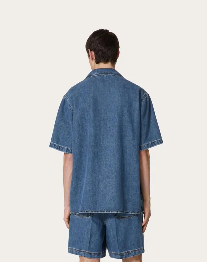 Valentino Denim Man Denim Bowling Shirt With Metallic V Detail For Man In Denim Denim Valentino Denim Man Denim Bowling Shirt With Metallic V Detail For Man In Denim Denim