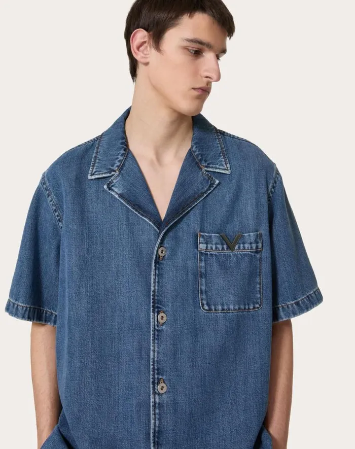 Valentino Denim Man Denim Bowling Shirt With Metallic V Detail For Man In Denim Denim Valentino Denim Man Denim Bowling Shirt With Metallic V Detail For Man In Denim Denim
