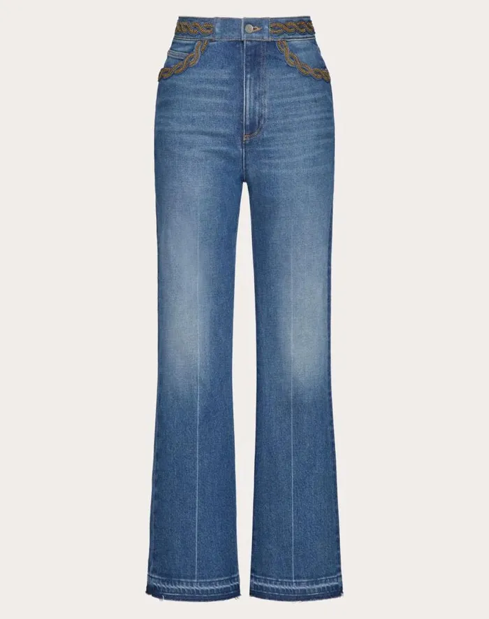 Valentino Denim Woman Embroidered Blue Medio Con Riserva Trousers For Woman In Denim Denim