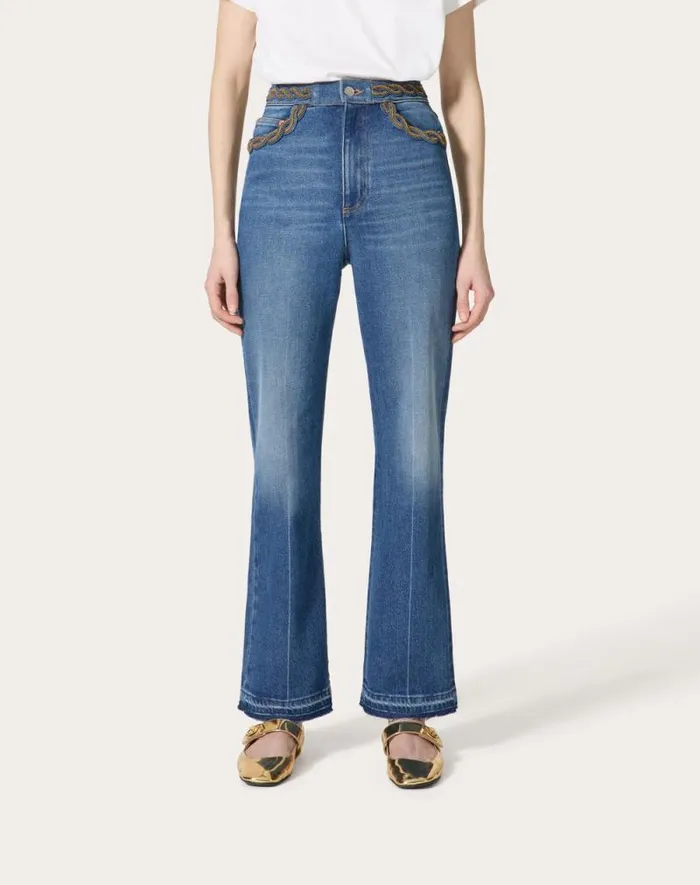 Valentino Denim Woman Embroidered Blue Medio Con Riserva Trousers For Woman In Denim Denim Valentino Denim Woman Embroidered Blue Medio Con Riserva Trousers For Woman In Denim Denim