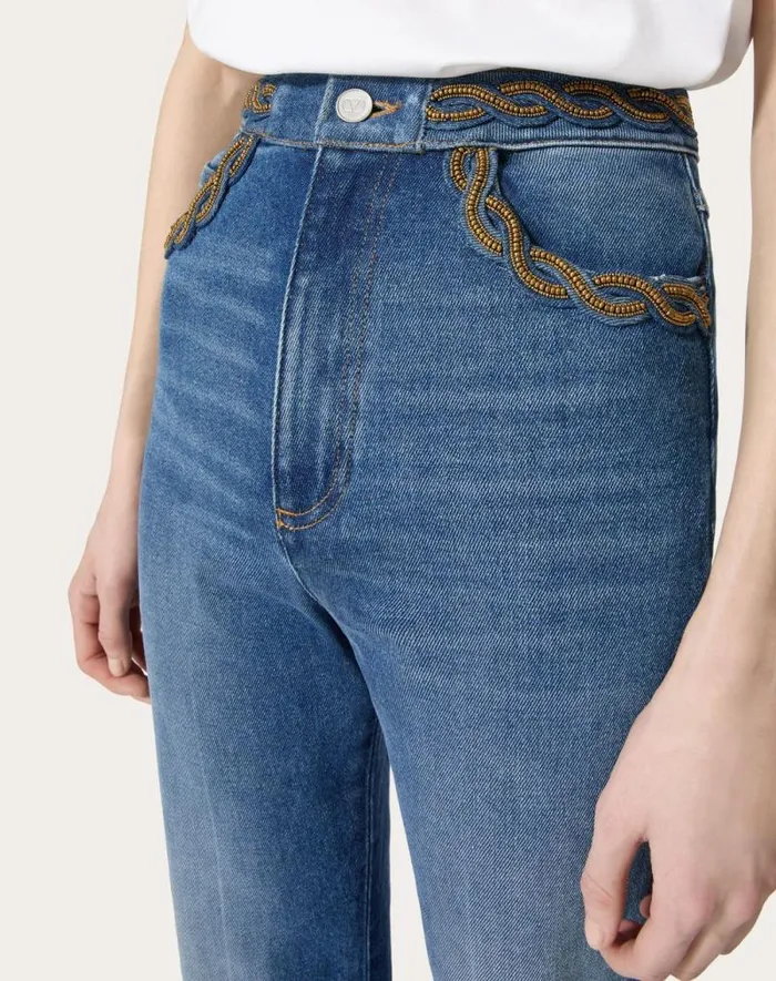 Valentino Denim Woman Embroidered Blue Medio Con Riserva Trousers For Woman In Denim Denim Valentino Denim Woman Embroidered Blue Medio Con Riserva Trousers For Woman In Denim Denim