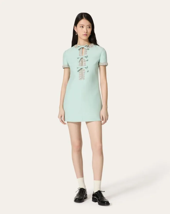 Valentino Dresses Woman Embroidered Crepe Couture Short Dress For Woman In Celadon Celadon Valentino Dresses Woman Embroidered Crepe Couture Short Dress For Woman In Celadon Celadon
