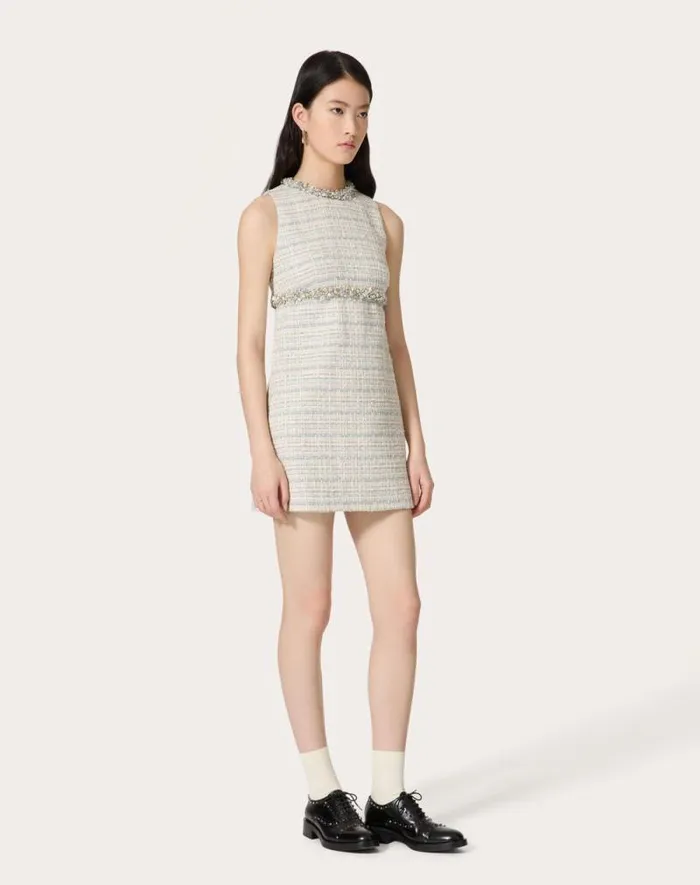 Valentino Dresses Woman Embroidered Delicate Tweed Short Dress For Woman In Ivorygreyazure Ivorygreyazure Valentino Dresses Woman Embroidered Delicate Tweed Short Dress For Woman In Ivorygreyazure Ivorygreyazure