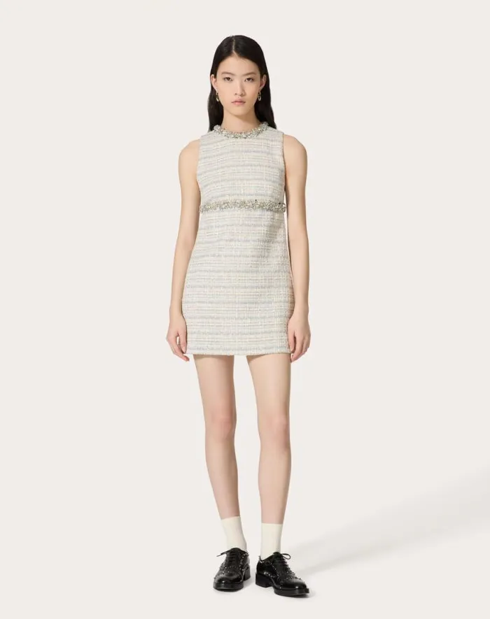 Valentino Dresses Woman Embroidered Delicate Tweed Short Dress For Woman In Ivorygreyazure Ivorygreyazure Valentino Dresses Woman Embroidered Delicate Tweed Short Dress For Woman In Ivorygreyazure Ivorygreyazure