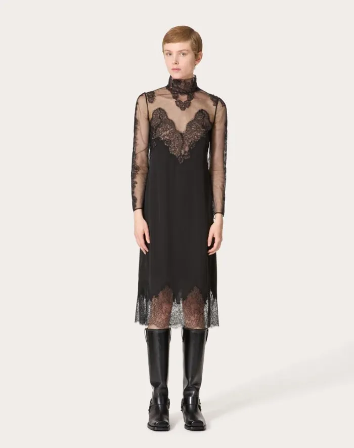 Valentino Dresses Woman Georgette Midi Dress For Woman In Black Black Valentino Dresses Woman Georgette Midi Dress For Woman In Black Black