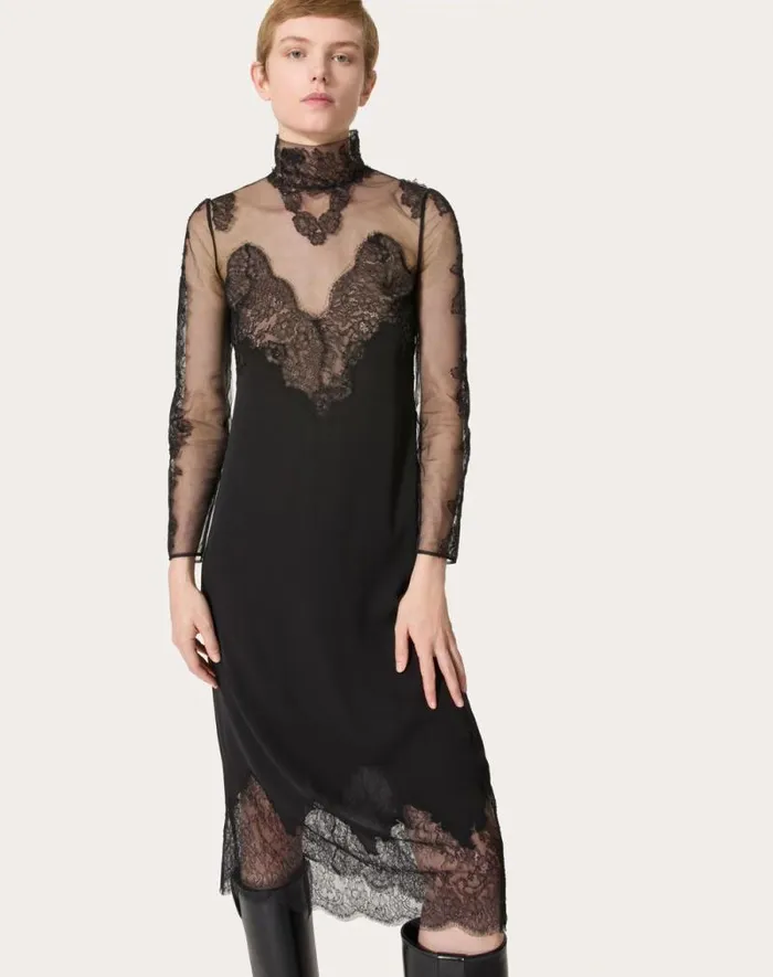 Valentino Dresses Woman Georgette Midi Dress For Woman In Black Black Valentino Dresses Woman Georgette Midi Dress For Woman In Black Black