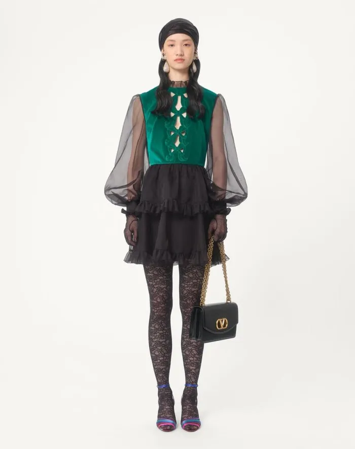 Valentino Dresses Woman Short Embroidered Organza Dress For Woman In Blackgreen Blackgreen Valentino Dresses Woman Short Embroidered Organza Dress For Woman In Blackgreen Blackgreen