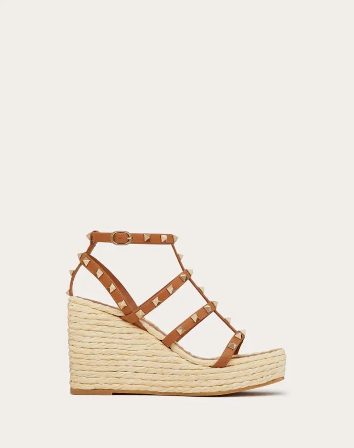 Valentino Espadrilles And Wedges Woman Rockstud Wedge Sandal With Calfskin Straps 95mm For Woman In Naturalalmond Naturalalmond Valentino Espadrilles And Wedges Woman Rockstud Wedge Sandal With Calfskin Straps 95mm For Woman In Naturalalmond Naturalalmond