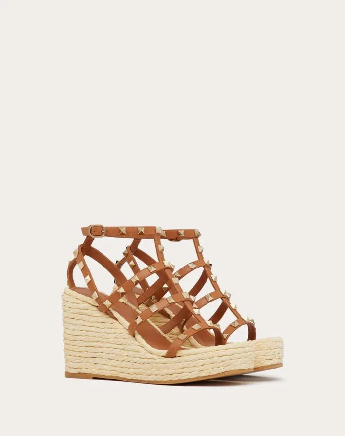 Valentino Espadrilles And Wedges Woman Rockstud Wedge Sandal With Calfskin Straps 95mm For Woman In Naturalalmond Naturalalmond Valentino Espadrilles And Wedges Woman Rockstud Wedge Sandal With Calfskin Straps 95mm For Woman In Naturalalmond Naturalalmond