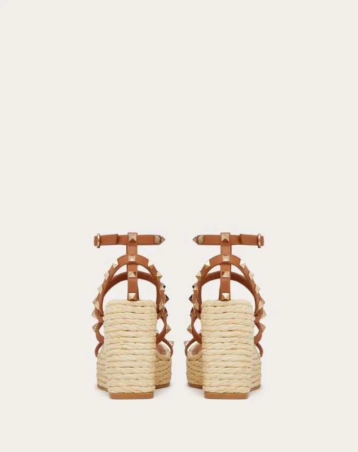 Valentino Espadrilles And Wedges Woman Rockstud Wedge Sandal With Calfskin Straps 95mm For Woman In Naturalalmond Naturalalmond Valentino Espadrilles And Wedges Woman Rockstud Wedge Sandal With Calfskin Straps 95mm For Woman In Naturalalmond Naturalalmond