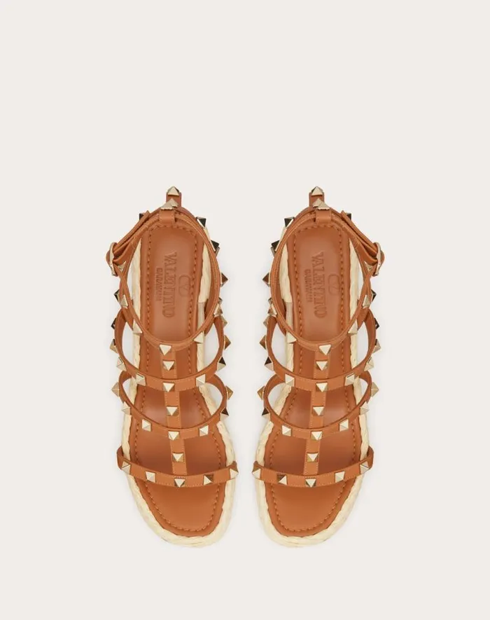 Valentino Espadrilles And Wedges Woman Rockstud Wedge Sandal With Calfskin Straps 95mm For Woman In Naturalalmond Naturalalmond Valentino Espadrilles And Wedges Woman Rockstud Wedge Sandal With Calfskin Straps 95mm For Woman In Naturalalmond Naturalalmond