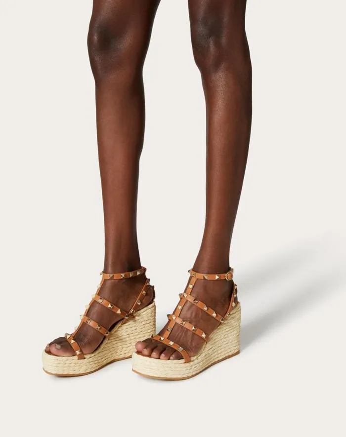 Valentino Espadrilles And Wedges Woman Rockstud Wedge Sandal With Calfskin Straps 95mm For Woman In Naturalalmond Naturalalmond Valentino Espadrilles And Wedges Woman Rockstud Wedge Sandal With Calfskin Straps 95mm For Woman In Naturalalmond Naturalalmond