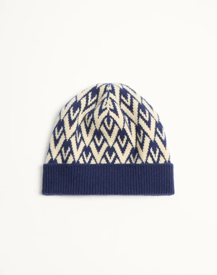 Valentino Hats And Gloves Man Toute La V Signature Knitted Wool Beanie For Man In Navycream Navycream Valentino Hats And Gloves Man Toute La V Signature Knitted Wool Beanie For Man In Navycream Navycream