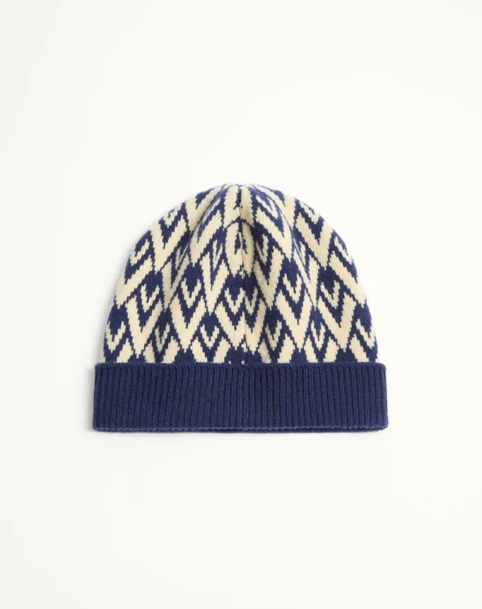 Valentino Hats And Gloves Man Toute La V Signature Knitted Wool Beanie For Man In Navycream Navycream Valentino Hats And Gloves Man Toute La V Signature Knitted Wool Beanie For Man In Navycream Navycream