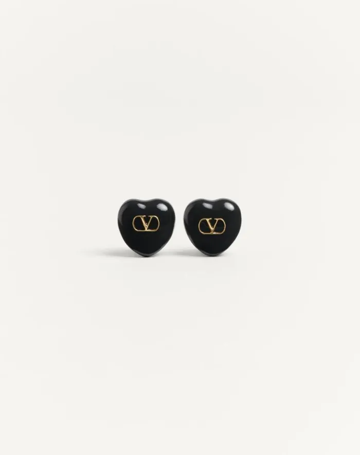 Valentino Jewelry Woman Coeur Royal Earrings In Metal And Enamel For Woman In Goldblack Goldblack