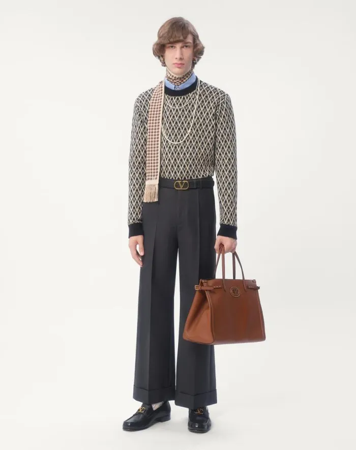 Valentino Knitwear Man Crewneck Wool Sweater With Toute La V Jacquard Pattern For Man In Blackcream Blackcream Valentino Knitwear Man Crewneck Wool Sweater With Toute La V Jacquard Pattern For Man In Blackcream Blackcream