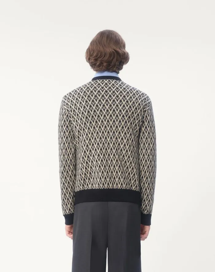 Valentino Knitwear Man Crewneck Wool Sweater With Toute La V Jacquard Pattern For Man In Blackcream Blackcream Valentino Knitwear Man Crewneck Wool Sweater With Toute La V Jacquard Pattern For Man In Blackcream Blackcream