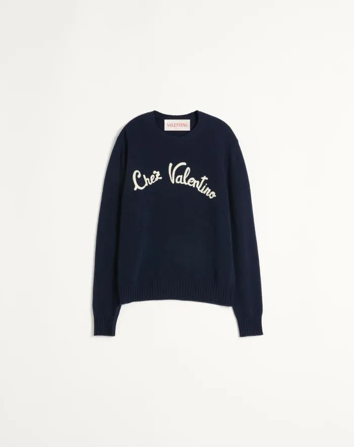 Valentino Knitwear Man Wool Crewneck Sweater With Chez Valentino Embroidery For Man In Indigo Indigo