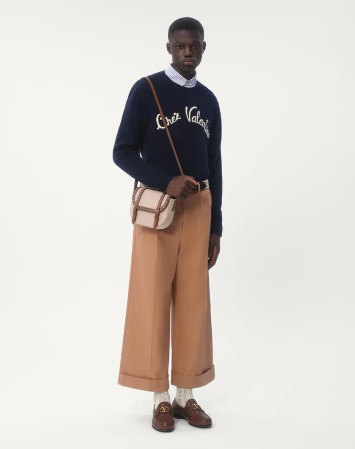 Valentino Knitwear Man Wool Crewneck Sweater With Chez Valentino Embroidery For Man In Indigo Indigo Valentino Knitwear Man Wool Crewneck Sweater With Chez Valentino Embroidery For Man In Indigo Indigo