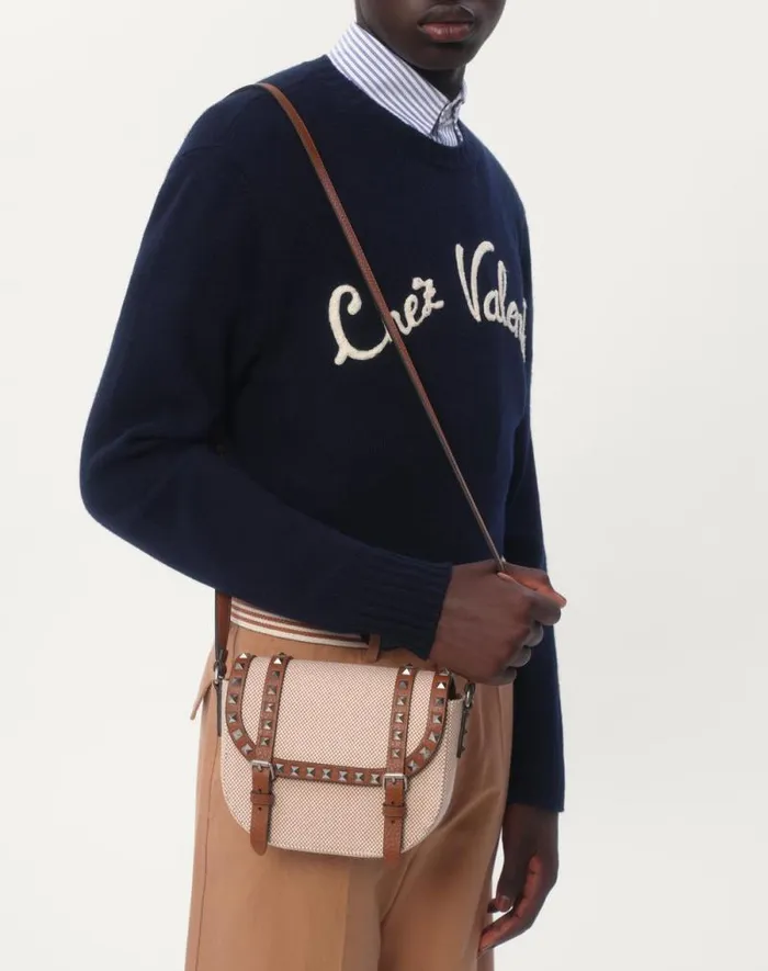 Valentino Knitwear Man Wool Crewneck Sweater With Chez Valentino Embroidery For Man In Indigo Indigo Valentino Knitwear Man Wool Crewneck Sweater With Chez Valentino Embroidery For Man In Indigo Indigo