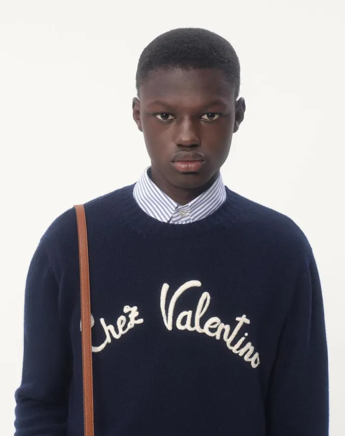 Valentino Knitwear Man Wool Crewneck Sweater With Chez Valentino Embroidery For Man In Indigo Indigo Valentino Knitwear Man Wool Crewneck Sweater With Chez Valentino Embroidery For Man In Indigo Indigo