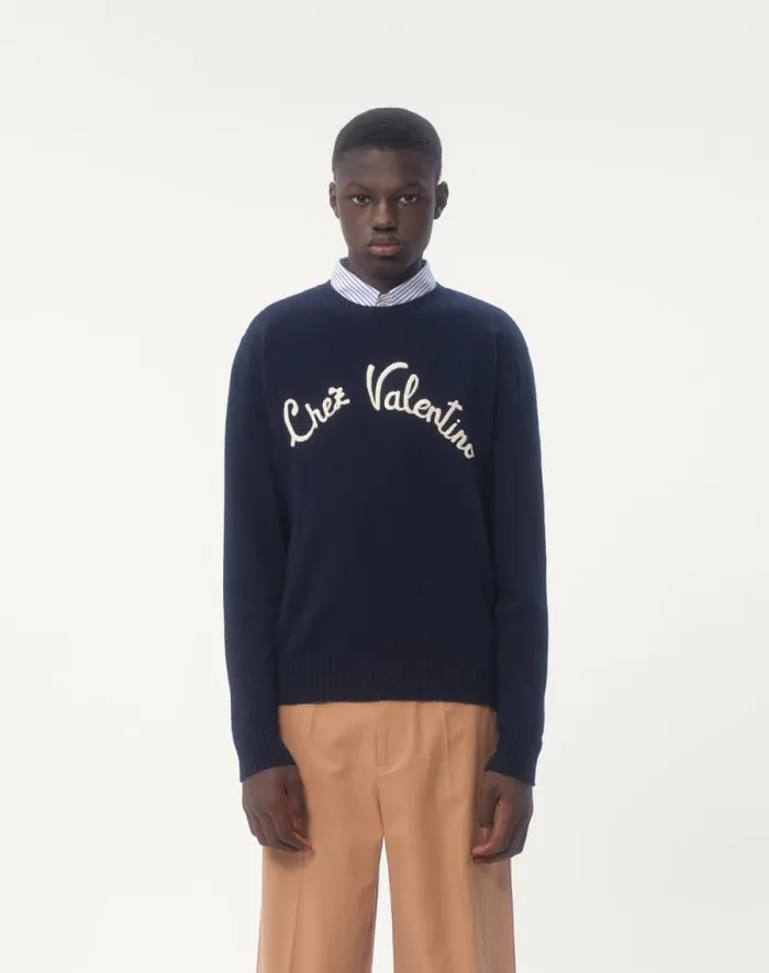Valentino Knitwear Man Wool Crewneck Sweater With Chez Valentino Embroidery For Man In Indigo Indigo Valentino Knitwear Man Wool Crewneck Sweater With Chez Valentino Embroidery For Man In Indigo Indigo