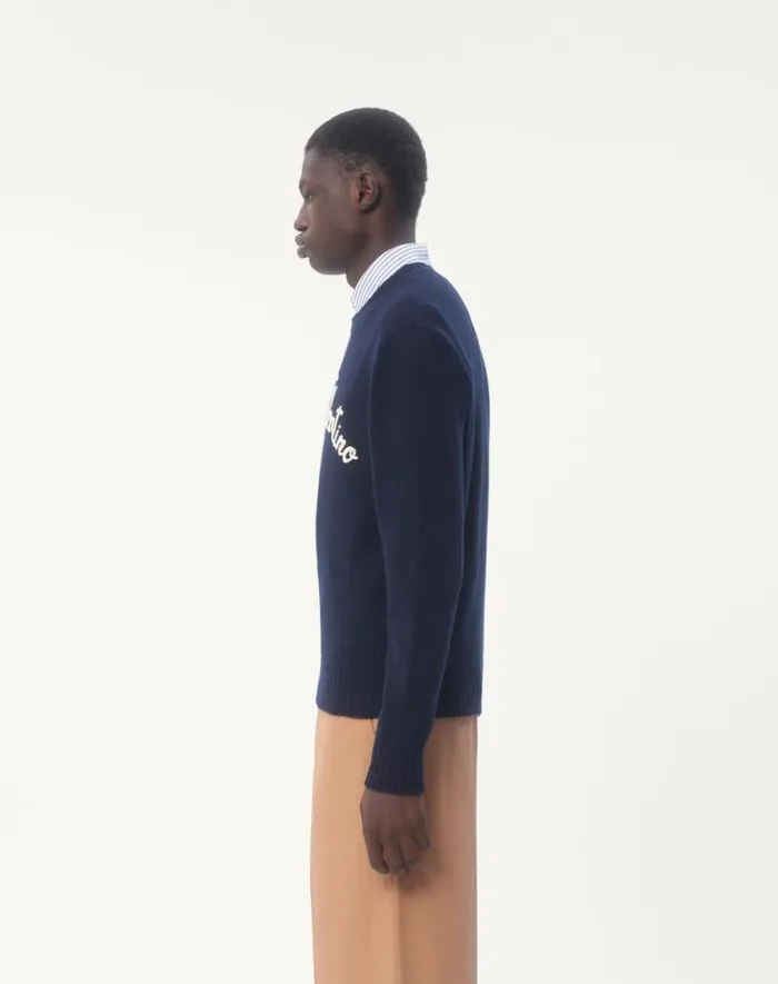 Valentino Knitwear Man Wool Crewneck Sweater With Chez Valentino Embroidery For Man In Indigo Indigo Valentino Knitwear Man Wool Crewneck Sweater With Chez Valentino Embroidery For Man In Indigo Indigo