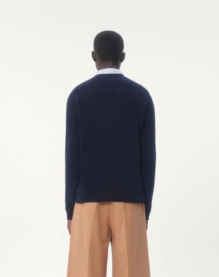 Valentino Knitwear Man Wool Crewneck Sweater With Chez Valentino Embroidery For Man In Indigo Indigo Valentino Knitwear Man Wool Crewneck Sweater With Chez Valentino Embroidery For Man In Indigo Indigo