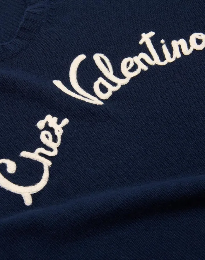 Valentino Knitwear Man Wool Crewneck Sweater With Chez Valentino Embroidery For Man In Indigo Indigo Valentino Knitwear Man Wool Crewneck Sweater With Chez Valentino Embroidery For Man In Indigo Indigo
