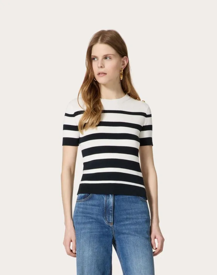 Valentino Knitwear Woman Cotton Sweater For Woman In Navyivory Navyivory Valentino Knitwear Woman Cotton Sweater For Woman In Navyivory Navyivory