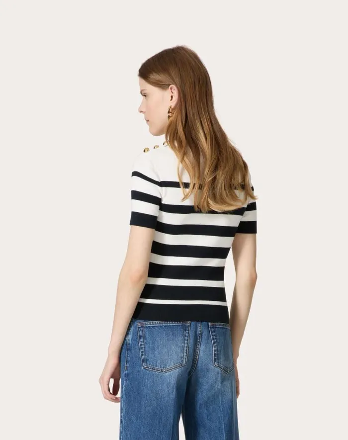 Valentino Knitwear Woman Cotton Sweater For Woman In Navyivory Navyivory Valentino Knitwear Woman Cotton Sweater For Woman In Navyivory Navyivory
