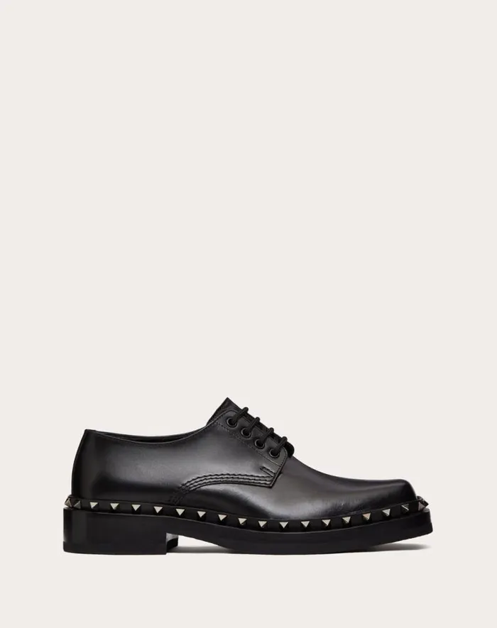 Valentino Laceups And Loafers Man Derby Rockstud Mway In Calfskin For Man In Black Black Valentino Laceups And Loafers Man Derby Rockstud Mway In Calfskin For Man In Black Black