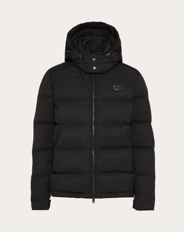 Valentino Outerwear Man Nylon Hooded Down Jacket With Leather Patch And Vlogo Signature For Man In Black Black Valentino Outerwear Man Nylon Hooded Down Jacket With Leather Patch And Vlogo Signature For Man In Black Black