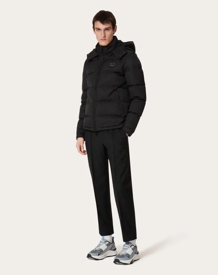 Valentino Outerwear Man Nylon Hooded Down Jacket With Leather Patch And Vlogo Signature For Man In Black Black Valentino Outerwear Man Nylon Hooded Down Jacket With Leather Patch And Vlogo Signature For Man In Black Black