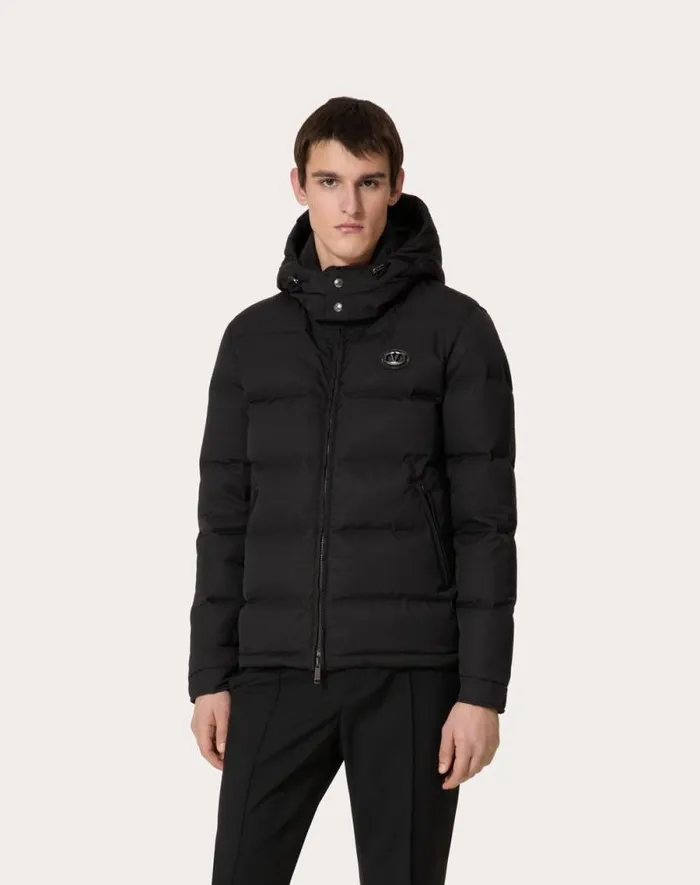 Valentino Outerwear Man Nylon Hooded Down Jacket With Leather Patch And Vlogo Signature For Man In Black Black Valentino Outerwear Man Nylon Hooded Down Jacket With Leather Patch And Vlogo Signature For Man In Black Black