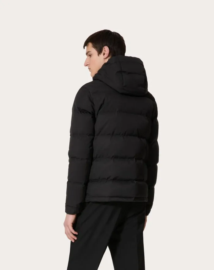 Valentino Outerwear Man Nylon Hooded Down Jacket With Leather Patch And Vlogo Signature For Man In Black Black Valentino Outerwear Man Nylon Hooded Down Jacket With Leather Patch And Vlogo Signature For Man In Black Black