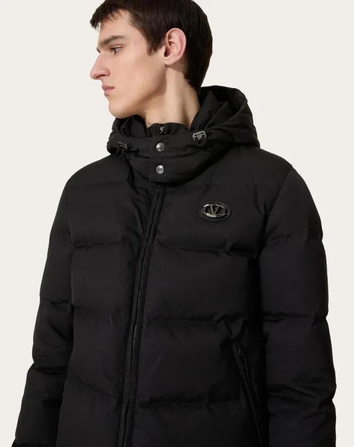 Valentino Outerwear Man Nylon Hooded Down Jacket With Leather Patch And Vlogo Signature For Man In Black Black Valentino Outerwear Man Nylon Hooded Down Jacket With Leather Patch And Vlogo Signature For Man In Black Black