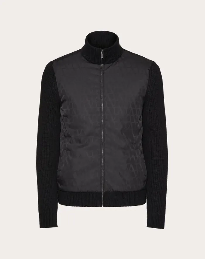 Valentino Outerwear Man Wool Knit Jacket With Toile Iconographe Nylon Jacquard Front Panel For Man In Black Black Valentino Outerwear Man Wool Knit Jacket With Toile Iconographe Nylon Jacquard Front Panel For Man In Black Black