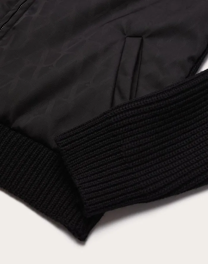 Valentino Outerwear Man Wool Knit Jacket With Toile Iconographe Nylon Jacquard Front Panel For Man In Black Black Valentino Outerwear Man Wool Knit Jacket With Toile Iconographe Nylon Jacquard Front Panel For Man In Black Black