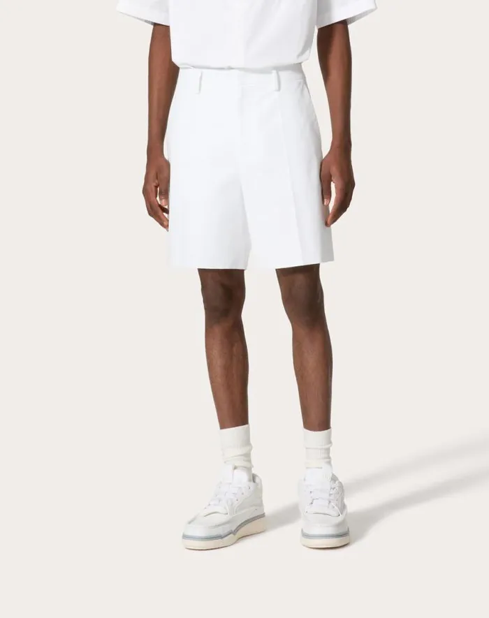 Valentino Pants And Shorts Man Cotton Poplin Bermuda Shorts Laminated With Scuba For Man In White White Valentino Pants And Shorts Man Cotton Poplin Bermuda Shorts Laminated With Scuba For Man In White White