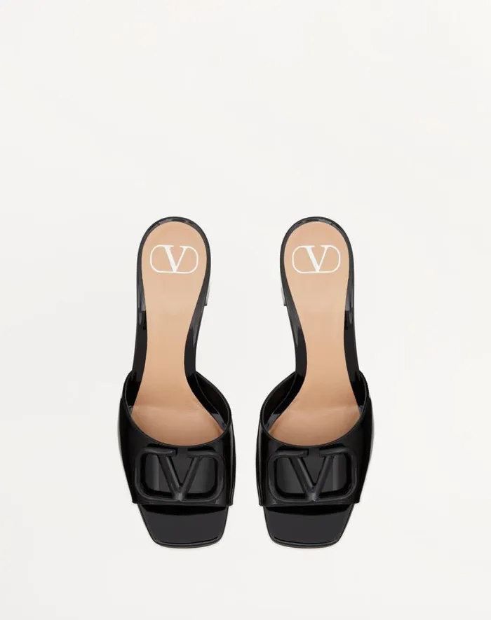 Valentino Sandals Woman Vlogo Signature Patent Leather Slide Sandal 60mm For Woman In Black Black Valentino Sandals Woman Vlogo Signature Patent Leather Slide Sandal 60mm For Woman In Black Black