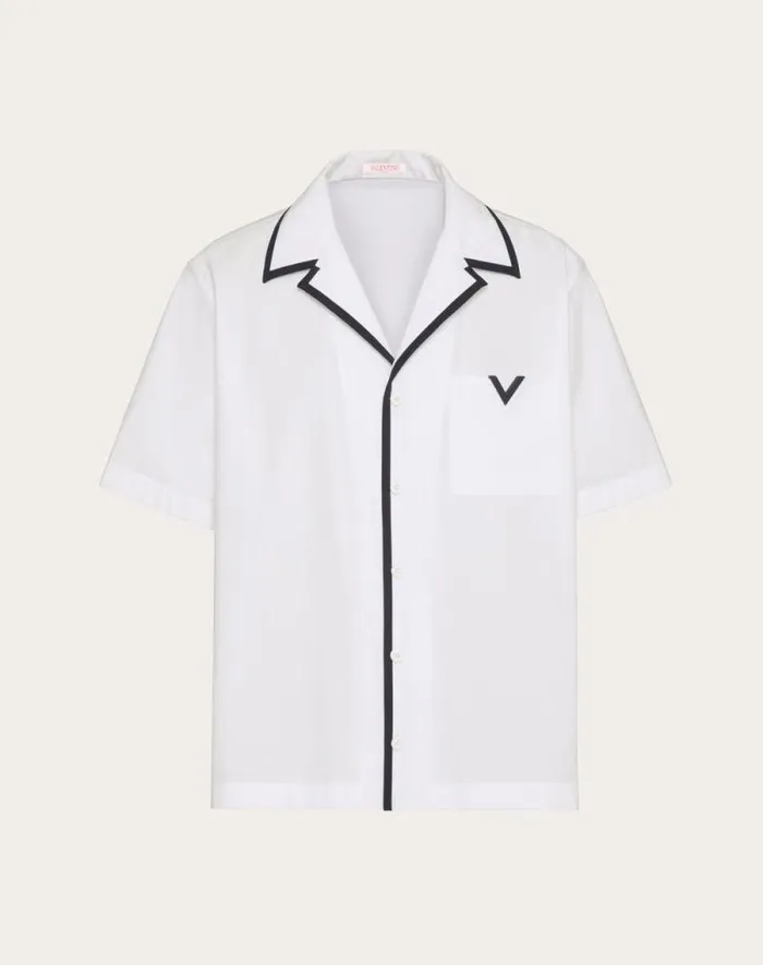 Valentino Shirts Man Cotton Poplin Bowling Shirt With Rubberized V Detail For Man In Navy Navy Valentino Shirts Man Cotton Poplin Bowling Shirt With Rubberized V Detail For Man In Navy Navy