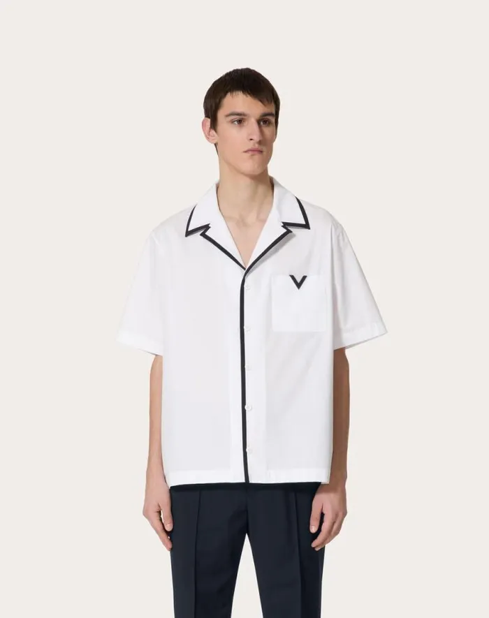 Valentino Shirts Man Cotton Poplin Bowling Shirt With Rubberized V Detail For Man In Navy Navy Valentino Shirts Man Cotton Poplin Bowling Shirt With Rubberized V Detail For Man In Navy Navy
