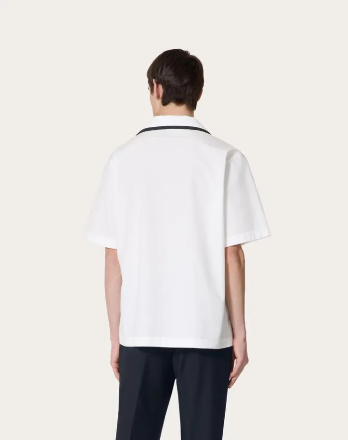 Valentino Shirts Man Cotton Poplin Bowling Shirt With Rubberized V Detail For Man In Navy Navy Valentino Shirts Man Cotton Poplin Bowling Shirt With Rubberized V Detail For Man In Navy Navy