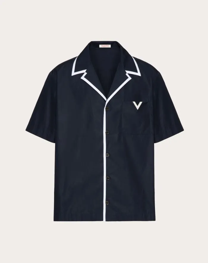 Valentino Shirts Man Cotton Poplin Bowling Shirt With Rubberized V Detail For Man In Navy Navy Valentino Shirts Man Cotton Poplin Bowling Shirt With Rubberized V Detail For Man In Navy Navy